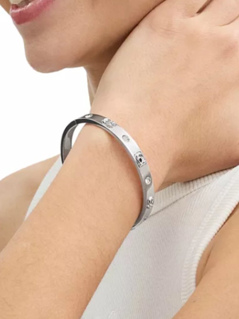 Coach Boxed Faux Stone Signature Sculpted C Bangle Bracelet Silver
